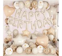 Boho Cream Beige Birthday Decorations for Women Neutral Nude Sand White Champagne Gold Print Balloons Gold Confetti Balloon Happy Birthday Banner Heart Balloons Star Balloon for Bday Party Supplies