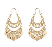 Boho Crescent Moon Round Disc Charm Tassel Indian Long Dangle Drop Earrings for Women Dainty Vintage Gold Plated Statement Dangling Fashion Jewelry, Small, Stainless Steel, No Gemstone