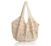 Boho Crochet Mesh Beach Tote Bag, Knitted Shopper Bag with Colourful Beads, Women's Woven Bag, Handbag, Shoulder Bag, Mesh Knitted Bag for Travel, Shopping and Everyday Use