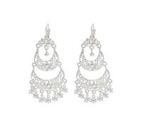 Boho Crystal Chandelier Hoop Earrings for Women - Tiered Flower Tassel Drop Dangle Hoops, Gold/Silver Indian Jhumka Jewellery for Weddings & Festivals (7.2cm) (Silver)