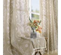 Boho Curtains 2 Panel for Living Room 84 Inches Long Linen Floral Curtains Semi Sheer Vintage Farmhouse Window Curtain Rustic Western Curtain Tan