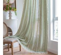 Boho Curtains 63" 84" 96" inches Length Country Linen Farmhouse Rustic Curtains Semi Blackout Curtains Aesthetic Embroidery Light Filtering 2 Panels Set Drapes for Living Room Bedroom, Sage Green