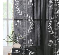 Boho Curtains 84 Inch Length for Living Room 2 Panels, Farmhouse Curtains Linen Semi Sheer Vintage Farmhouse Printed Floral Rustic Drapes Black