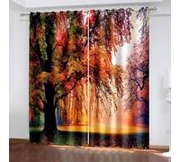 Boho Curtains Classroom, Long Curtains Kitchen Orange Green Autumn Woods Scenery Polyester 2 Panels 184x108inch