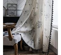 Boho Curtains Farmhouse Living Room Semi-Blackout Drapes 87 Inch Length Vintage Floral Tassel Window Curtain Panel Bedroom Grey and Off White Cotton Linen Blend Rod Pocket Window Treatment, 1 Piece