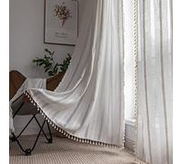 Boho Curtains for Bedroom Embroidery Striped Farmhouse 84 Inches Long 2 Pannels Set White Linen Light Filtering for Living Room Rod Pocket Drapes(52" W x 84" L,White)