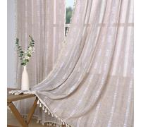 Boho Curtains for Bedroom Living Room 63 Inches Long Semi Blackout Farmhouse Embroidery Curtains 2 Pannels Set Cotton Linen Window Curtain Panel, Bohemian Tassel Curtain Drapes, 55" W x 63" L,Coffee