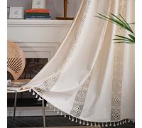 Boho Curtains for Living Room Bedroom, 63 inch Length 2 Panels Set Cotton Linen Semi Blackout Farmhouse Window Curtains with Tassel & Rod Pocket, Beige Geometric Crochet Rustic Long Curtain Drapes