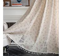 Boho Curtains for Living Room Bedroom, 84 inch Length 2 Panels Set Cotton Linen Semi Blackout Farmhouse Window Curtains with Tassel & Rod Pocket, Beige Crochet Rustic Floral Long Curtain Drapes