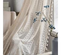 Boho Curtains for Living Room Bedroom, 84 inch Length 2 Panels Set Cotton Linen Semi Sheer Farmhouse Window Curtains with Tassels & Rod Pocket, Beige Lace Crochet Rustic Long Curtain Drapes