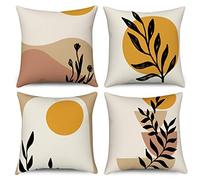 Boho Cushion Covers 40 x 40 cm Set of 4, Hnmdmyi Abstract Leaf Plant Sun Mountain Decorative Throw Pillow Covers Minimalist Geometric Modern Aesthetic Linen Pillowcases for Sofa Bed Outdoor Home Decor