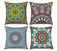 Boho Cushion Covers 40 x 40 cm Set of 4, Hnmdmyi Bohemian Farmhouse Retro Floral Mandala Compass Medallion Decorative Throw Pillow Covers Linen Pillowcases for Sofa Couch Bed Garden Outdoor Home Decor