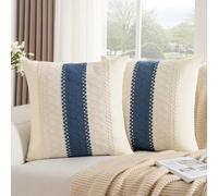 Boho Cushion Covers 40x40, Set of 2 Cotton Sofa Blue Cushions Covers with Delicate Linen Crochet Lace, Square Decorative Throw Pillow Covers for Living Room Bedroom Garden Couch Chair Bed Home Decor