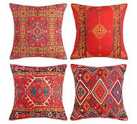 Boho Cushion Covers 45 x 45 Red Ethnic Outdoor Decorative Pillow Covers Vintage Oriental Carpet Tribal Square Pillowcases Linen Throw Pillow Case 18x18 inch Set of 4 for Sofa Couch Bedroom Livingroom