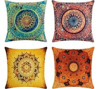 Boho Cushion Covers 45x45 cm, Set of 4 Indian Hippie Mandala Flower Pattern Bohemian Style Decorative Throw Pillow Covers, Cotton Linen Square Exotic Pillow Cases 18x18 Inch for Sofa Bedroom Outdoor