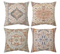 Boho Cushion Covers 45x45cm Burnt Orange Brown Set of 4, Soft Velvet Bohemian Decorative Decor Square Throw Pillow Covers, Vintage Exotic Kilim Patterned Floral Pillowcases for Home Sofa Couch Bedroom