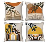 Boho Cushion Covers 50 x 50 cm Set of 4, Hnmdmyi Mid Century Abstract Leaf Sunset Sunrise Rainbow Line Decorative Throw Pillow Covers Modern Minimalist Linen Pillowcases for Sofa Bed Garden Home Decor
