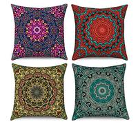 Boho Cushion Covers 50 x 50 cm Set of 4, Hnmdmyi Retro Floral Mandala Compass Medallion Decorative Throw Pillow Covers Bohemian Hippie Colorful Linen Pillowcases for Sofa Bed Garden Outdoor Home Decor