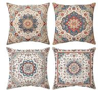 Boho Cushion Covers Blue Red 45x45cm Set of 4, Soft Velvet Bohemian Decorative Decor Square Throw Pillow Covers, Vintage Exotic Kilim Patterned Floral Pillowcases for Home Sofa Couch Bedroom Garden