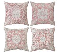 Boho Cushion Covers Pink 45x45cm Set of 4, Soft Velvet Bohemian Decorative Decor Square Throw Pillow Covers, Vintage Exotic Kilim Patterned Floral Pillowcases for Home Sofa Couch Bedroom Outdoor