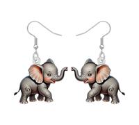 Boho Cute Elephant Dangle Earrings, Rainbow Floral Design with Hibiscus, Fashion Statement Whimsical Animal Hypoallergenic Jewellery for Women Gifts (Grey)