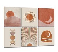 Boho Decor Canvas Wall Art - 6 Panels Framed Minimalist Mid Century Abstract Line Artwork Bohemian Pictures Poster Sun Moon Canvas Painting for Home Office Living Room Bedroom Decoration 8x10inch