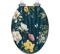 Boho Decorative Elongated Toilet Seat: Black Floral Resin with Colorful Flowers, Leaves & Petals, Quiet-Close Quick-Release Hinges, Easy to Clean & Install