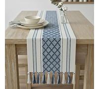 Boho Dining Table Runner 14 x 90 Inches Blue & Cream Woven Washable Console Table Runner with Tassels Dresser Scarf Farmhouse Long Bohemian Table Top Decorations with Fringe