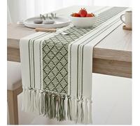 Boho Dining Table Runner with Fringe 14x72 Inches, Olive Green & Cream Checkered Pattern / Woven Washable Dresser Scarf for Bedroom, Farmhouse Console Tabletop Centerpiece Geometric Design Decor