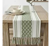 Boho Dining Table Runner with Tassels 14 x 90 Inches, Olive Green & Cream | Woven Washable Dresser Scarf for Bedroom | Farmhouse Long Table Top Cover | Console Table Runner with Fringe
