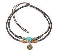 Boho Double Cord Choker Necklace with Chinese Coin Pendant & Turquoise Bead, Brown Leather and Hemp Cord, 38 cm (15 inches)