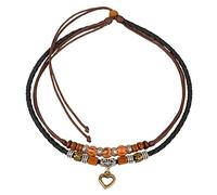 Boho Double Cord Choker with Wooden & Metal Beads and Heart Pendant, Adjustable Leather & Hemp Necklace for Men and Women, 38 cm (15 Inches)