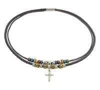 Boho Double-Layer Leather Cord Necklace with Cross Pendant and Beads - 40cm Inner Cord, Metal Plug Clasp, Handmade Jewelry for Men and Women