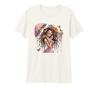 Boho Dreadlock Woman Floral Umbrella Butterflies Art Design Premium T-Shirt