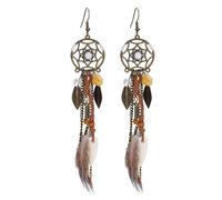 Boho Dream Catcher Drop Earrings for Women, Handmade Feather and Leaf Long Tassel Earrings, Bohemian Retro(Style 2)