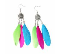 Boho Dream Catcher Feather Drop Earrings, Lime Green, Aqua Blue and Shocking Pink with Silver Accents