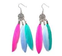 Boho Dream Catcher Feather Drop Earrings, Mint Green, Light Blue and Bright Pink with Silver Accents