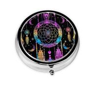 Boho Dreamcatcher Moon Round Pill Box with 3 Compartments, Mini Metal Pill Organizer for Purse or Pocket, Lightweight Portable for Daily Use Gifts Travel