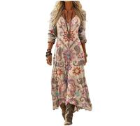Boho Dress Women's Long Summer Maxi Dresses Casual Floral Pattern A-line Casual Dress Vintage Rustic Style V-NeckDress Long Sleeve SummerDress Floral Dresses Holiday Wedding Western Country Beige