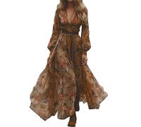 Boho Dress Women's Long Vintage Rustic Style Floral Print Dress V-Neck Maxi Dresses Long Sleeve Floral Dress A-line Casual Dress Western Country Chiffon Dress for Holiday Beach Everyday Wedding, brown