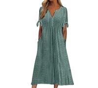 Boho Dresses for Women 2026 Loose Casual Maxi Dress Short Sleeve Elegant Button V Neck Tunic Flowy Pleated Beach Sundress Plus Size Floral Print Ladies Boho Dress Holiday Dresses with Pockets