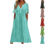 Boho Dresses for Women 2026 Loose Casual Maxi Dress Short Sleeve Elegant Button V Neck Tunic Flowy Pleated Beach Sundress Plus Size Floral Print Ladies Boho Dress Holiday Dresses with Pockets