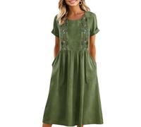 Boho Dresses for Women Indian Funeral Dress UK Women's Summer Ethnic Style Embroidered Short Sleeve Midi Sundress with Pockets Baggy Round Neck Shirt Vacation Maxi(Army Green, XL)