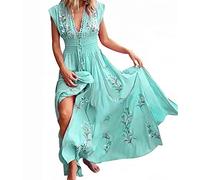 Boho Dresses for Women Summer Casual Tunic Dresses for Women V Neck Boho Beach Dress for Women Ladies Long Flowy Summer Bohemian Maxi Dress Sleeveless Plus Size Party Summer Holiday Dresses Blue L