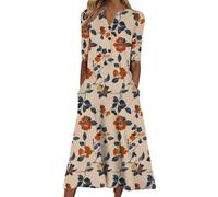 Boho Dresses for Women UK Clearance Italian Short Sleeve Button V Neck Dress with Pocket Ladies Floral Casual Sundress Elegant Swing Midi Dress Loose Pullover Lounge Dresses Beach Holiday Sundress