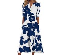 Boho Dresses for Women UK Clearance Italian Short Sleeve Button V Neck Dress with Pocket Ladies Floral Casual Sundress Elegant Swing Midi Dress Loose Pullover Lounge Dresses Beach Holiday Sundress