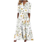 Boho Dresses for Women UK Clearance Italian Short Sleeve Button V Neck Dress with Pocket Ladies Floral Casual Sundress Elegant Swing Midi Dress Loose Pullover Lounge Dresses Beach Holiday Sundress