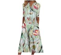 Boho Dresses for Women UK Clearance Italian Short Sleeve Button V Neck Dress with Pocket Ladies Floral Casual Sundress Elegant Swing Midi Dress Loose Pullover Lounge Dresses Beach Holiday Sundress