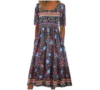 Boho Dresses for Women UK Clearance Italian Short Sleeve Button V Neck Dress with Pocket Ladies Floral Casual Sundress Elegant Swing Midi Dress Loose Pullover Lounge Dresses Beach Holiday Sundress