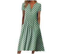 Boho Dresses for Women UK Clearance Italian Short Sleeve Button V Neck Dresses with Pocket Floral Casual Sundress Swing Midi Dress Loose Pullover Dress Lounge Dress Beach Holiday Dress